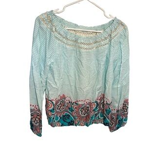 Red Camel Off Shoulder Top Teal White Stripes Geo